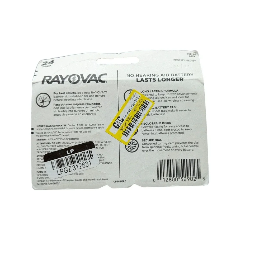 Z1N Rayovac L312ZA-24ZM Hearing Aid Batteries - 24 Pack‎ Expired 5/24